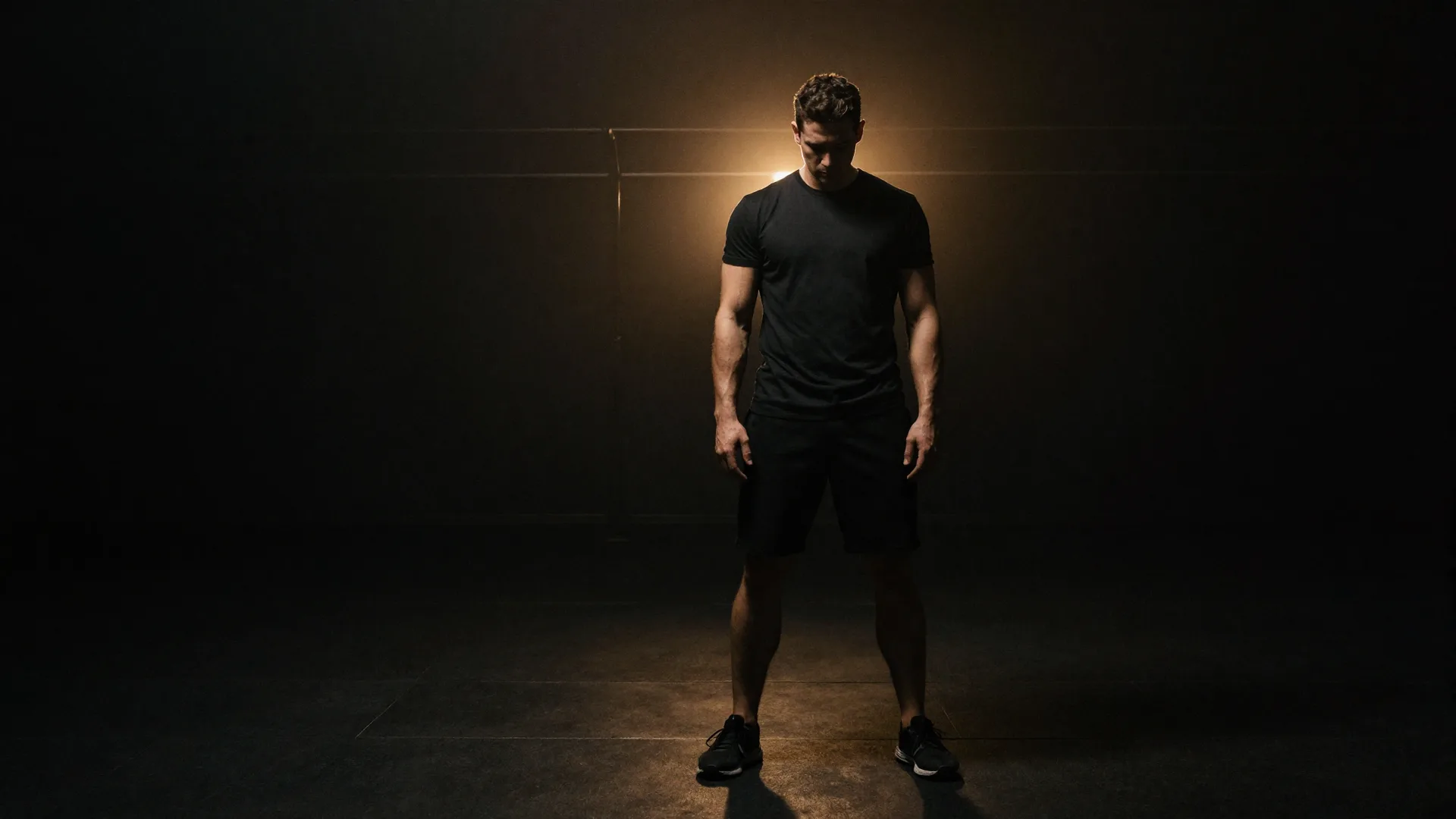 Athlete alone in a dark gym, lit from behind
